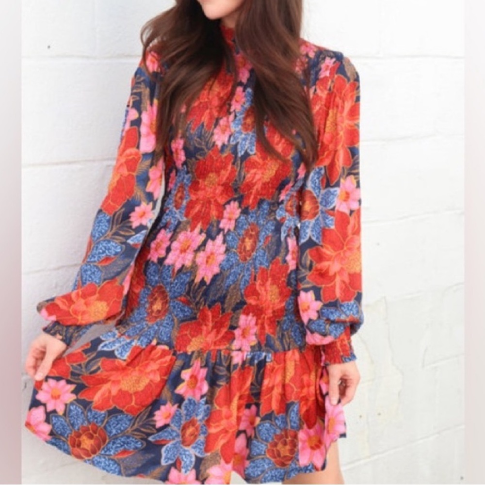 Floral Long-Sleeve Mini Dress - Coral & Blue